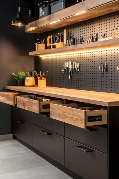 workbench, garage workbench, storage cabinets, workshop furniture, tool organization, product demo, lifestyle, minimalist, trustworthy, calm, brown, black, neutral